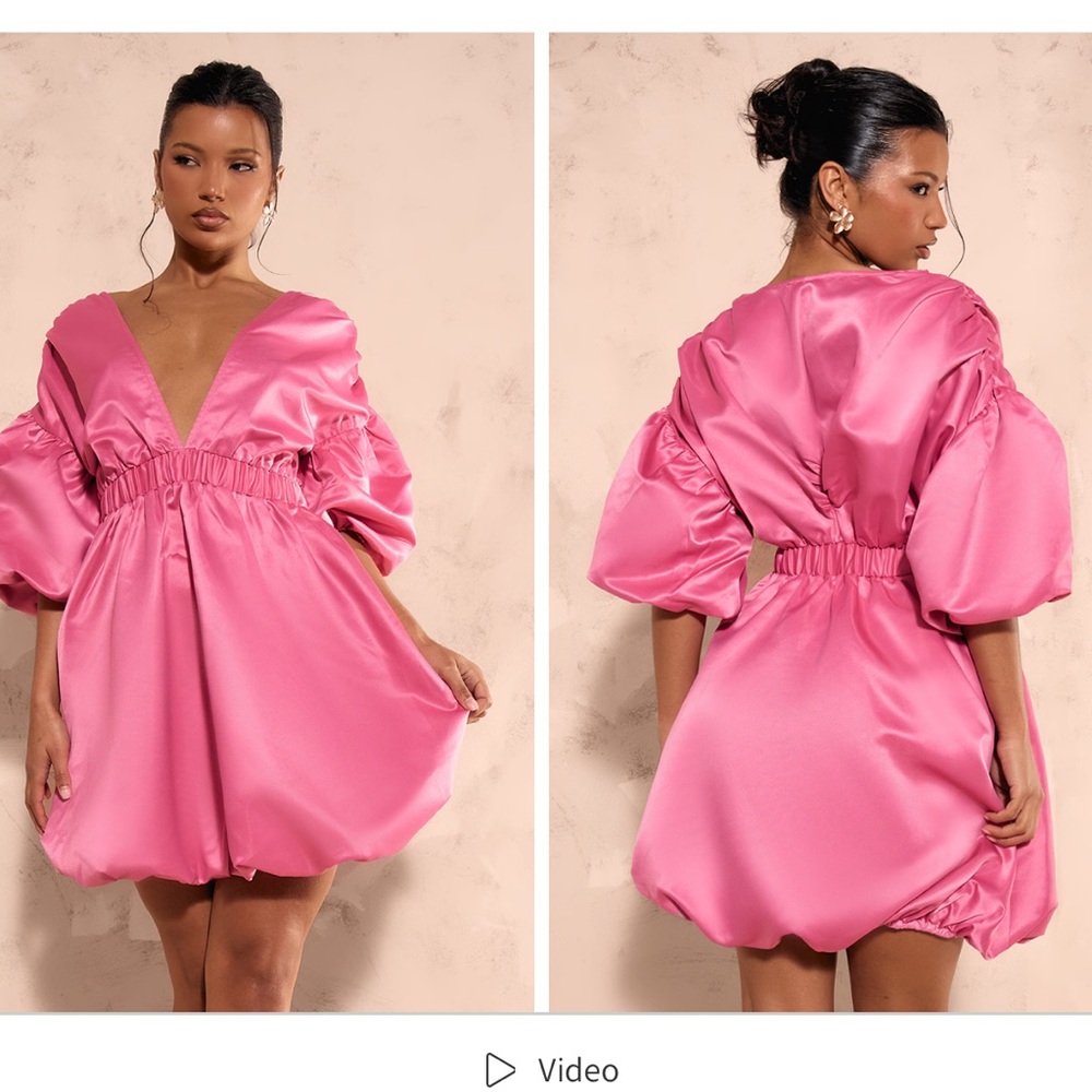 Pretty Little Thing Bright Pink Puff Sleeve Puffball Hem Shift Dress